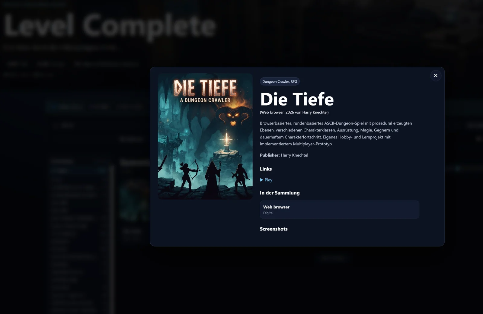 Detailfenster für Die Tiefe im Level-Complete-Katalog mit Cover und Projektbeschreibung