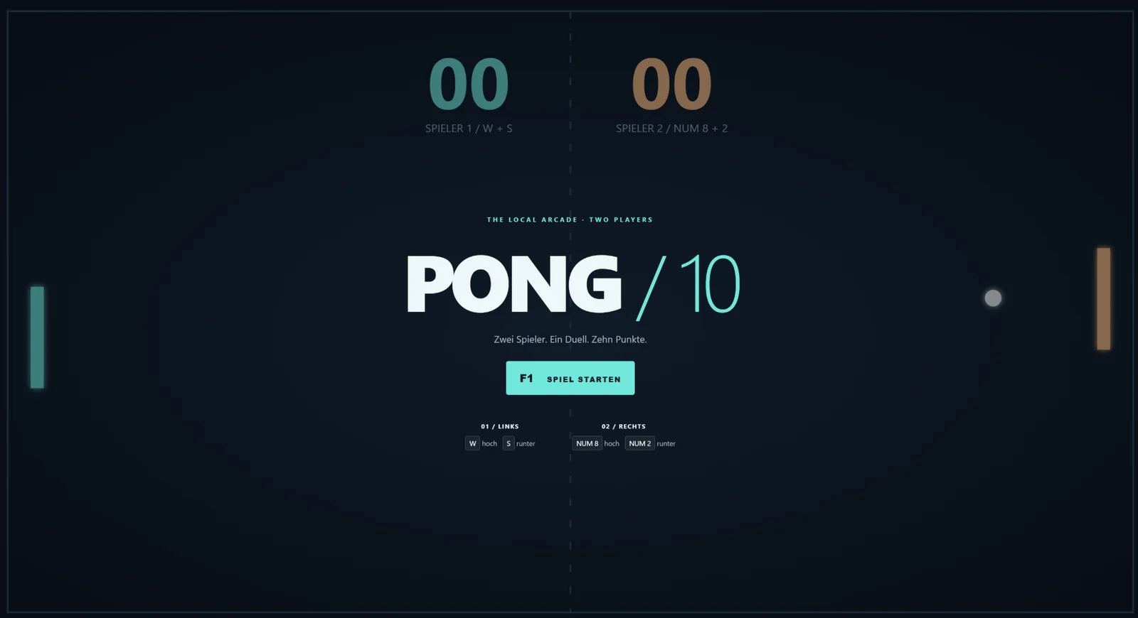 Pong-Startbildschirm mit Titel PONG / 10 und Startschaltfläche vor dem Spielfeld